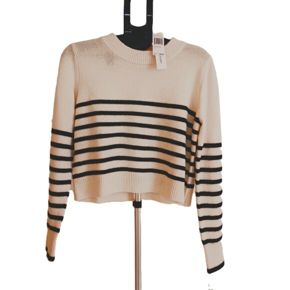 Cashmere Cream & Black Stripe Crop Sweater Cabincore Scandigirl Cozy Size L NWT - Picture 1 of 16